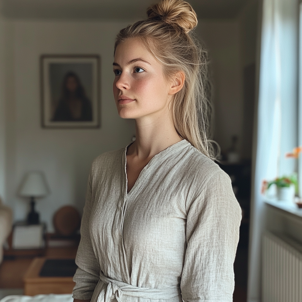 A young woman standing in a living room | Source: Midjourney