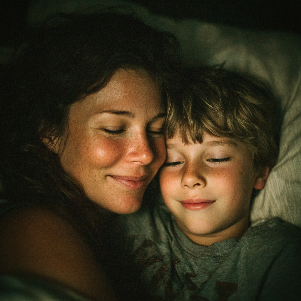 A mother cuddling her son in bed | Source: Midjourney