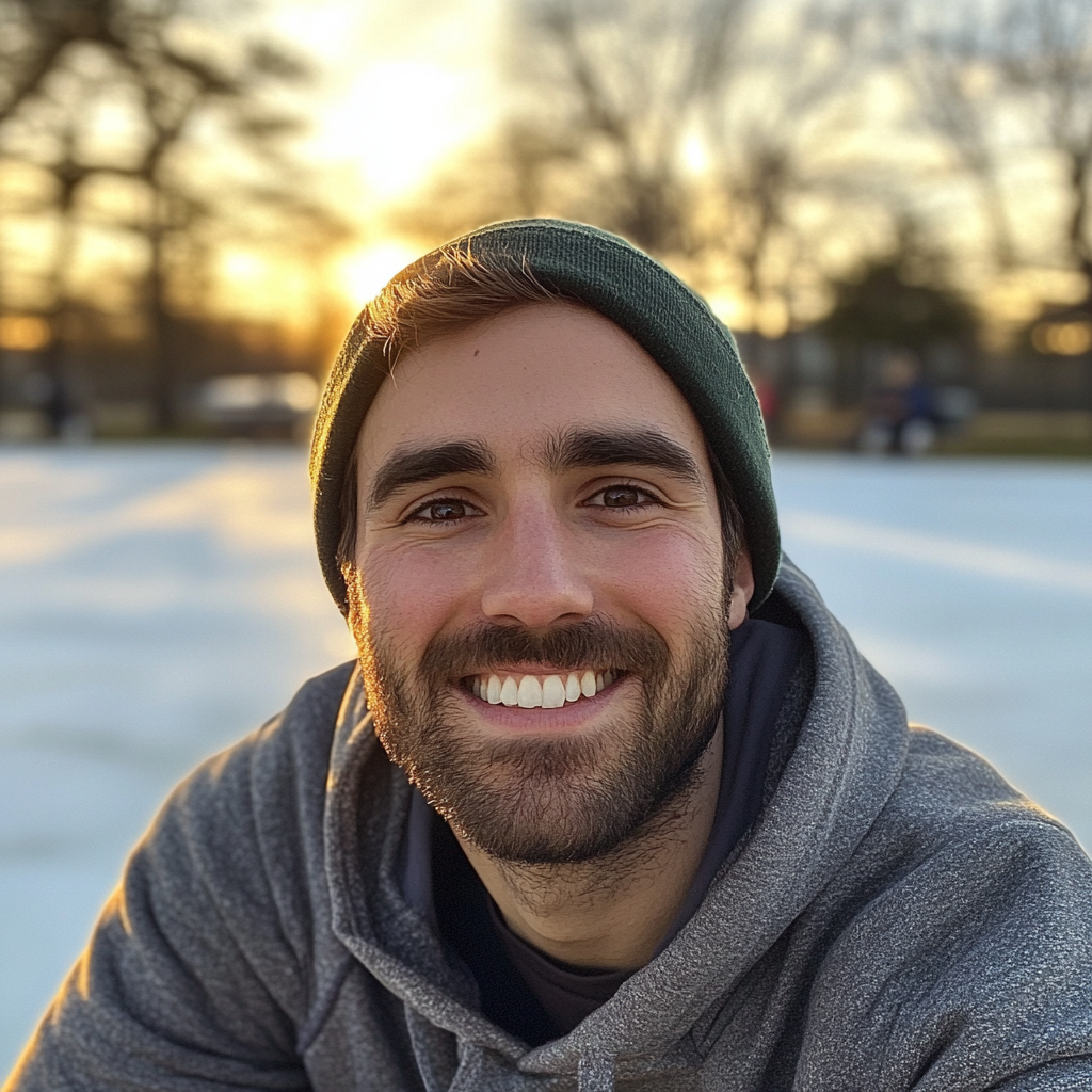 A man smiling after he fell on a skating rink | Source: Midjourney