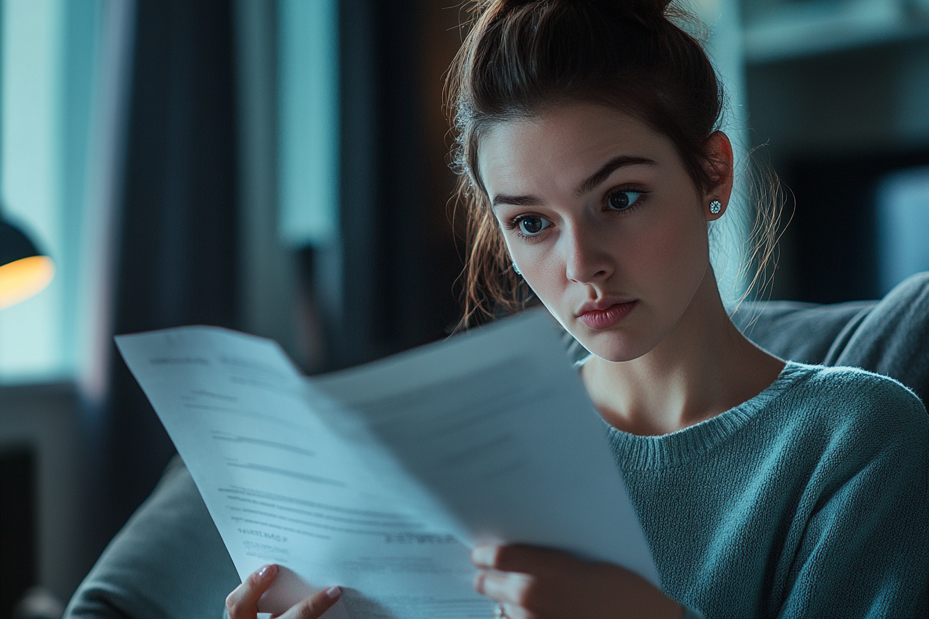 Woman in her 30s sitting on a couch in the living room of a condo reading documents and looking surprised | Source: Midjourney