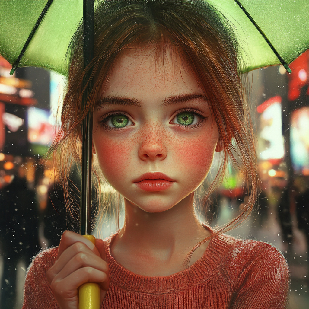 Uma menina triste segurando um guarda-chuva | Fonte: Midjourney