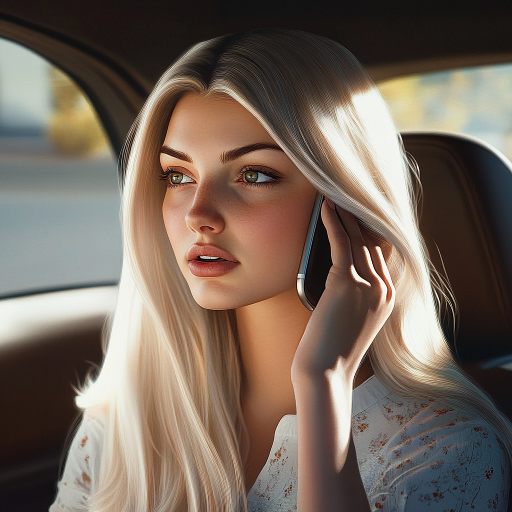 A woman sitting in the car and talking on the phone | Source: Midjourney