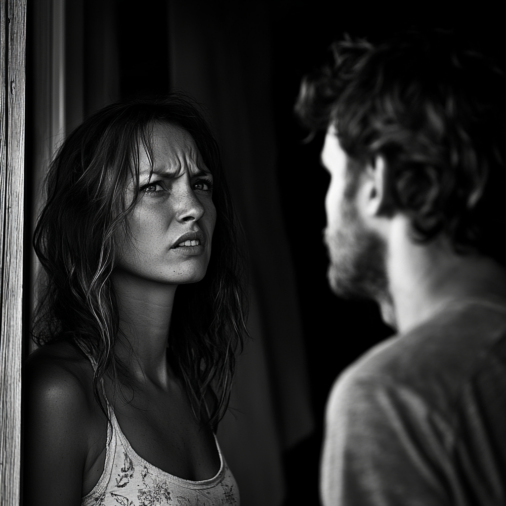 An angry woman talking to her husband on her porch | Source: Midjourney