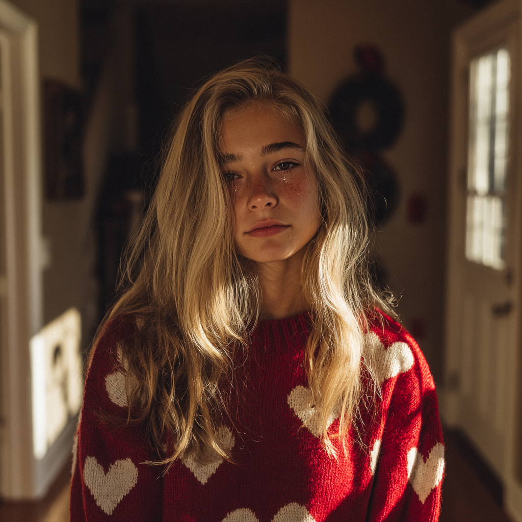 An emotional girl wearing a red sweater | Source: Midjourney