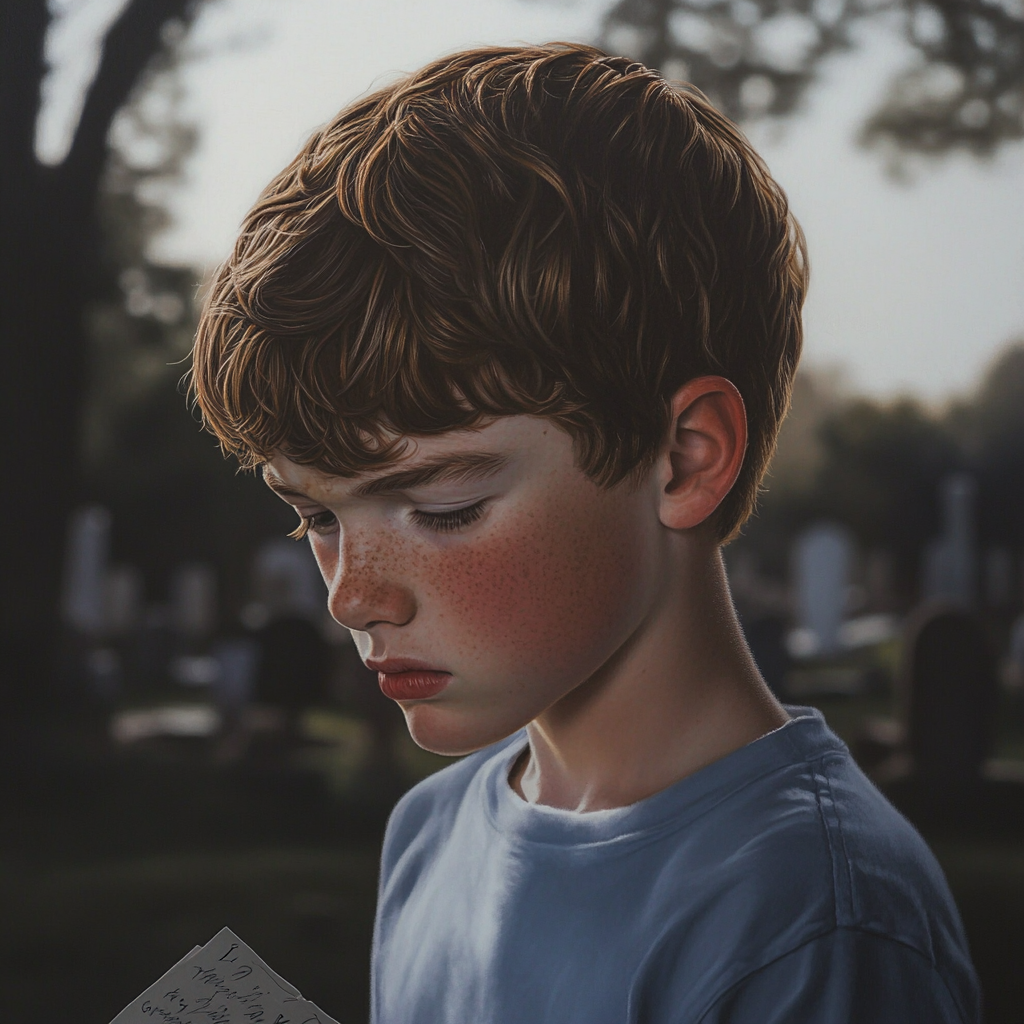 An emotional boy reading a letter in a cemetery | Source: Midjourney