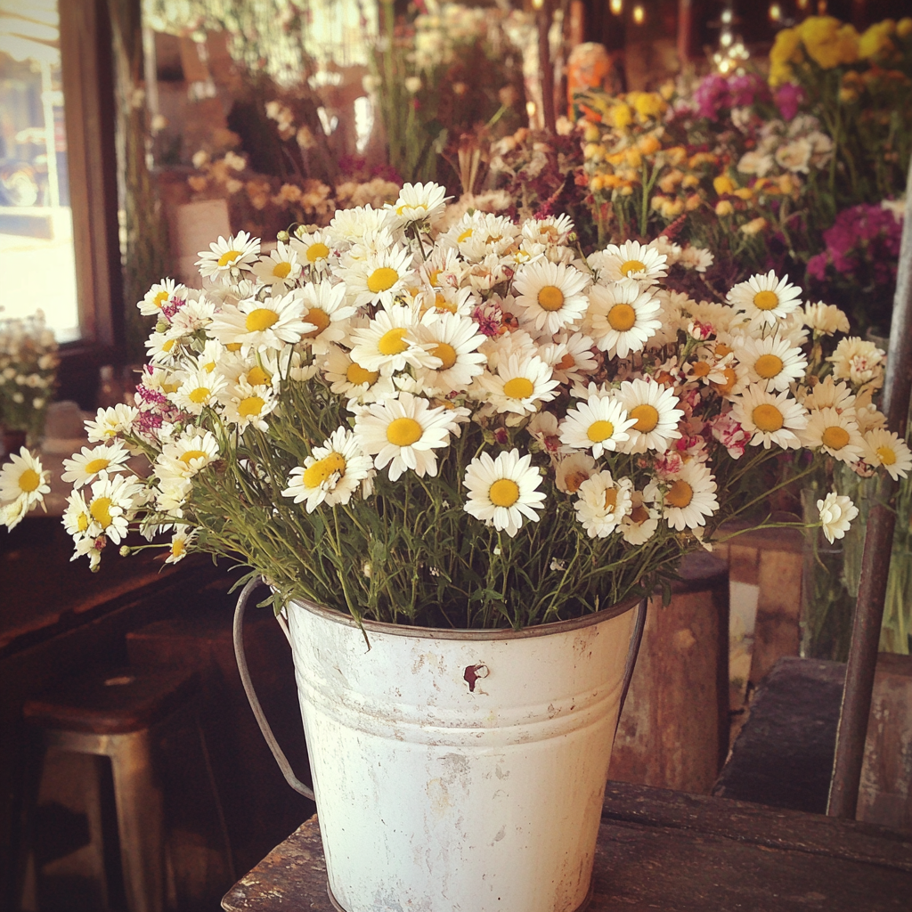 A bucket of daisies at a florist | Source: Midjourney