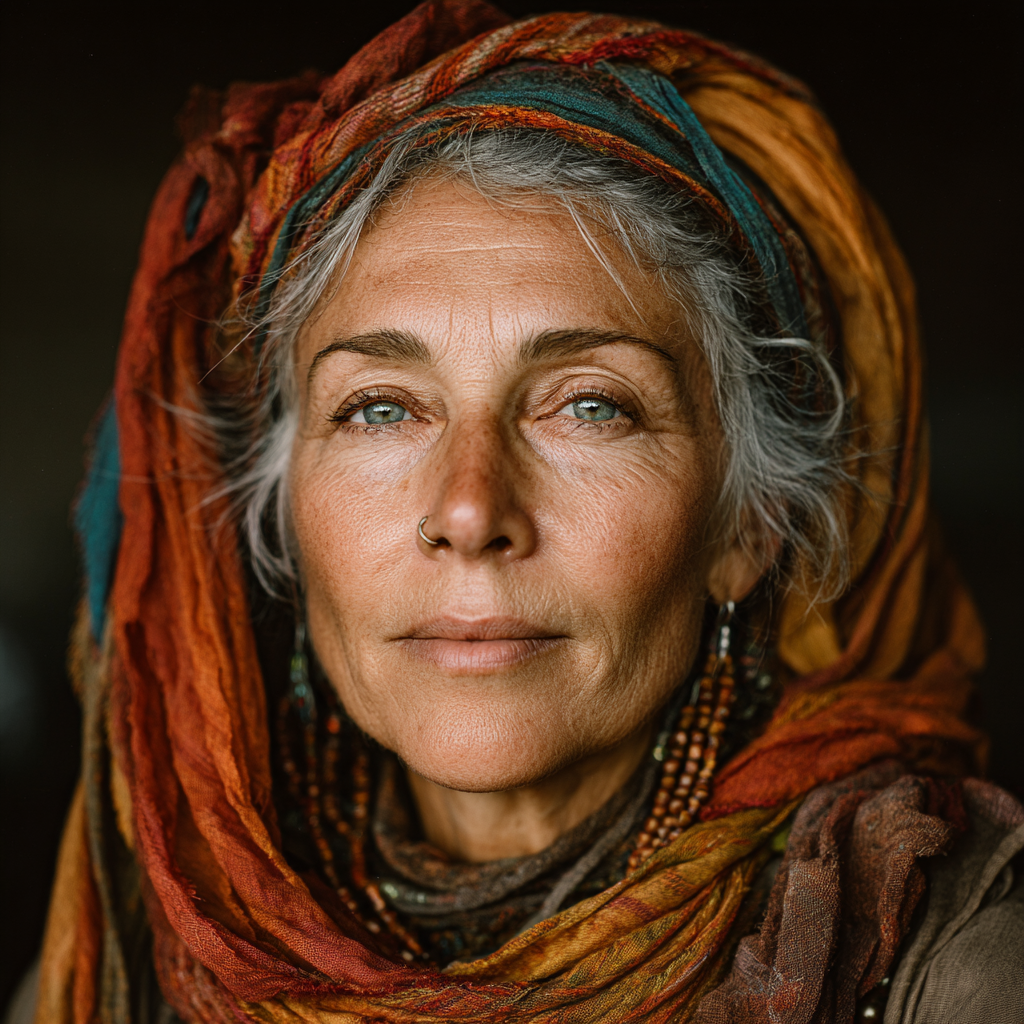 A woman dressed in many scarves | Source: Midjourney