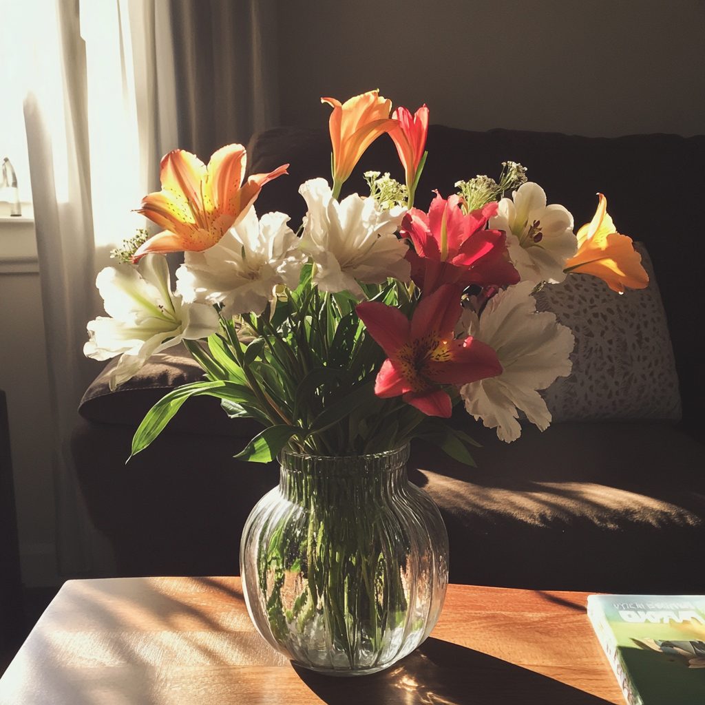 A vase of flowers on a coffee table | Source: Midjourney