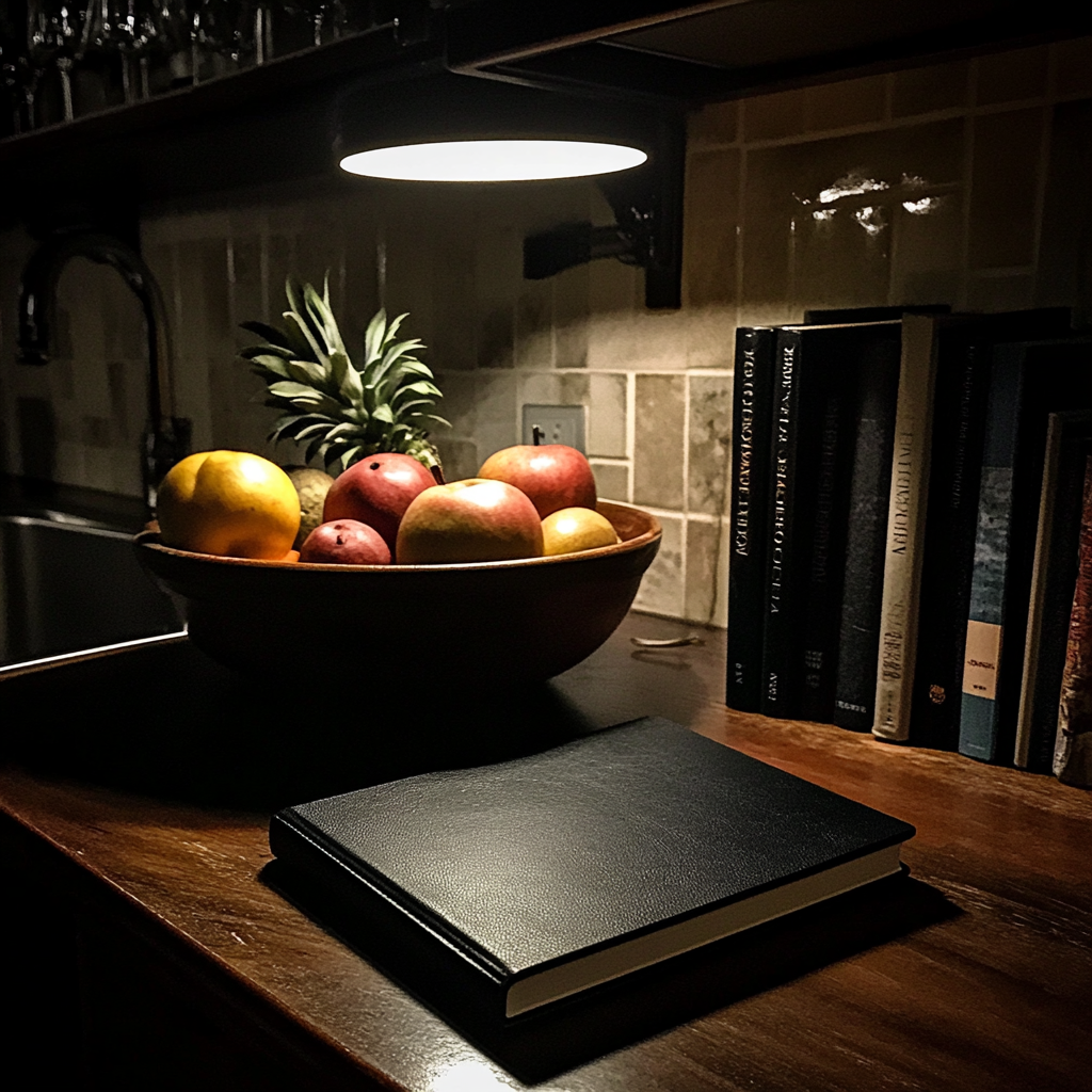 A notebook next to a fruit bowl | Source: Midjourney