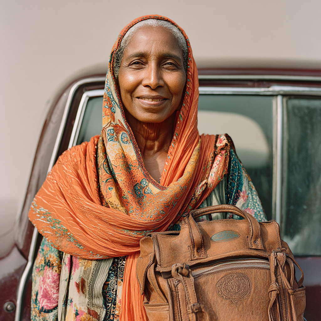 A happy woman holding her purse | Source: Midjourney