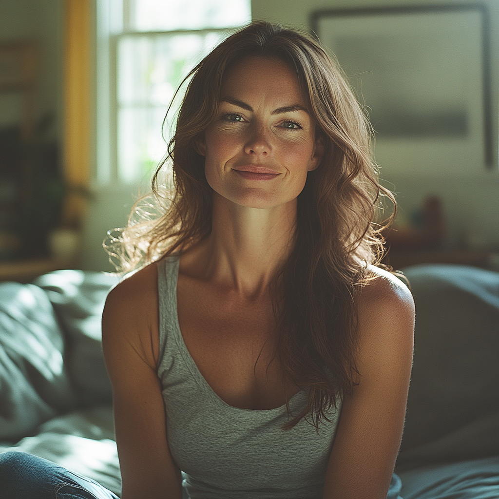 Uma mulher feliz sentada em casa | Fonte: Midjourney