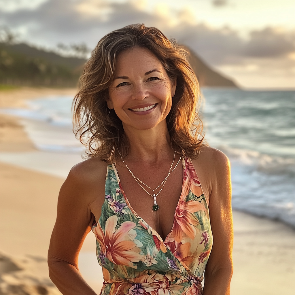 A smiling woman on a beach | Source: Midjourney