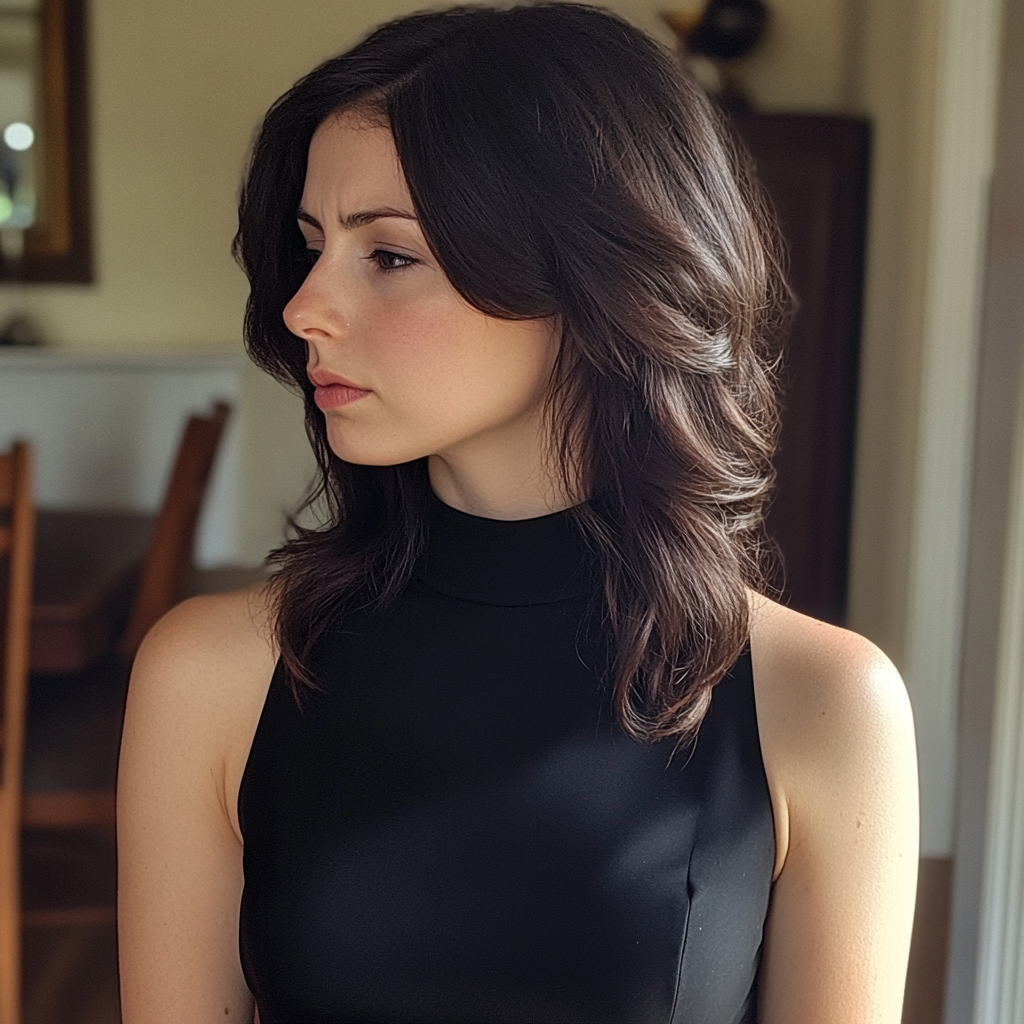 An upset woman standing in a dining room | Source: Midjourney