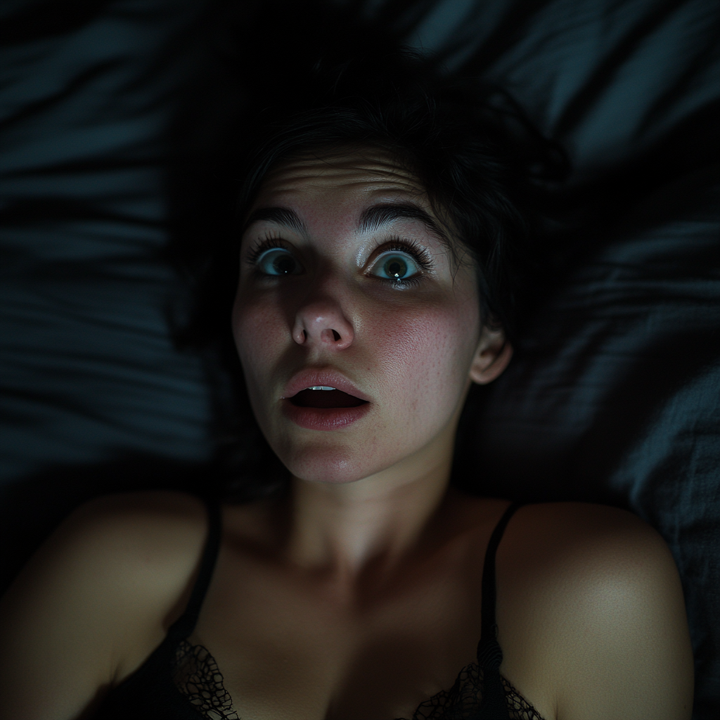 A shocked woman in her bed | Source: Midjourney