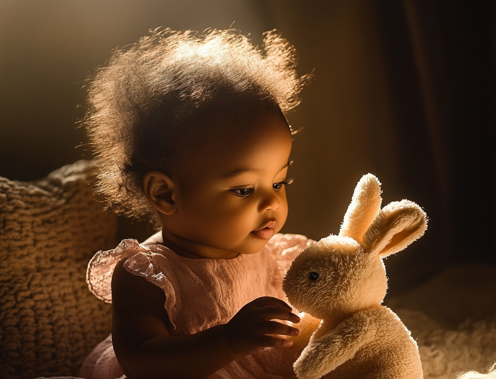 A cute baby girl playing with a stuffed bunny | Source: Midjourney