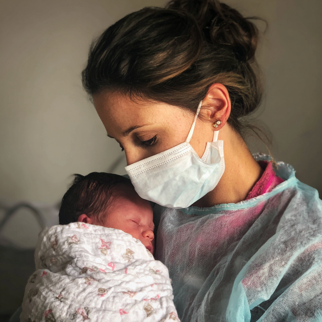 A nurse holding a newborn baby | Source: Midjourney
