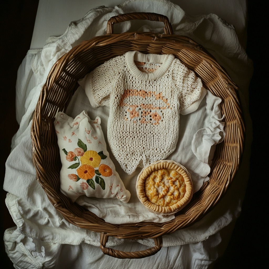 Baby essentials and a pie in a basket | Source: Midjourney