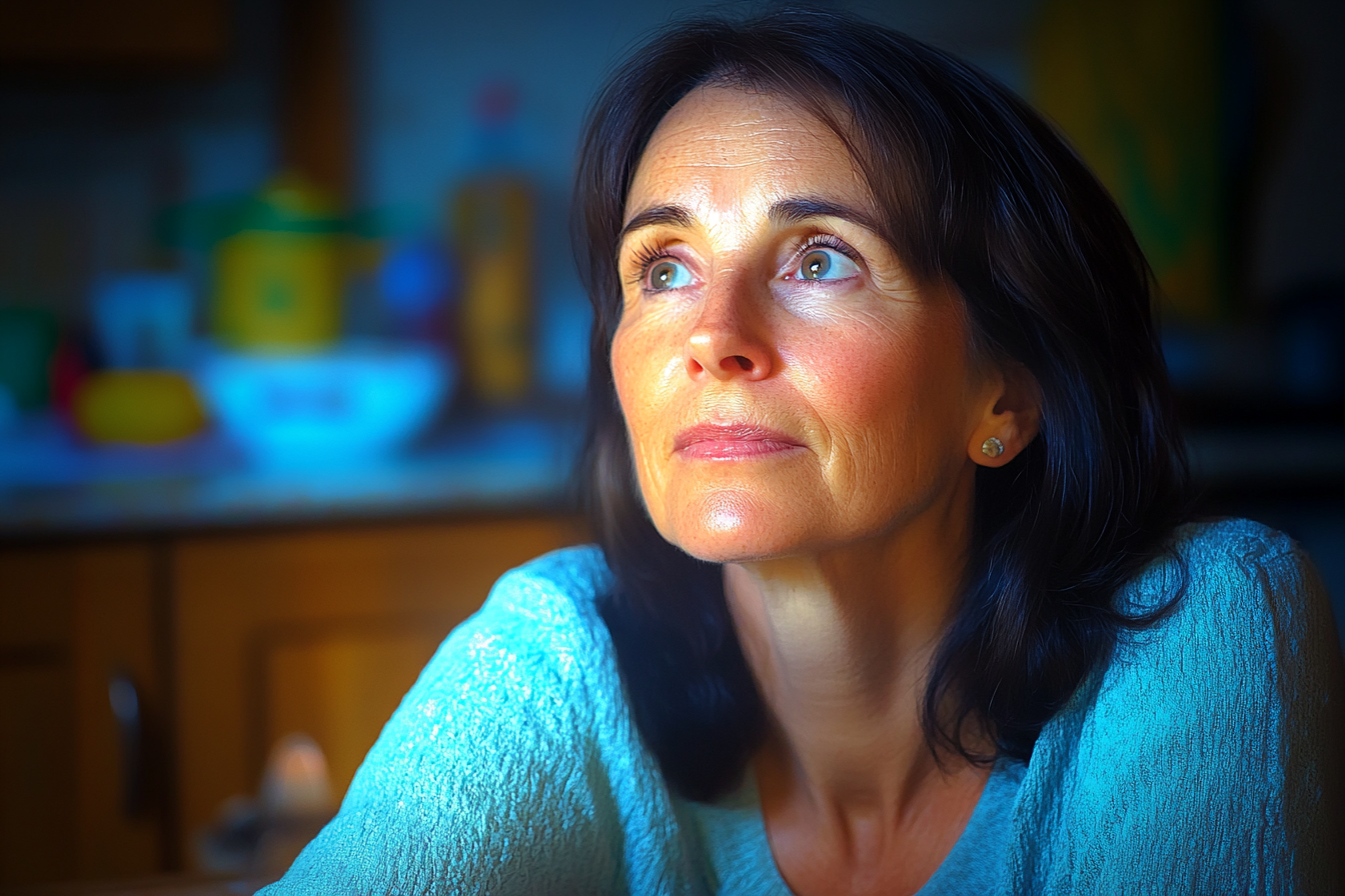 A thoughtful woman seated at a kitchen table | Source: Midjourney