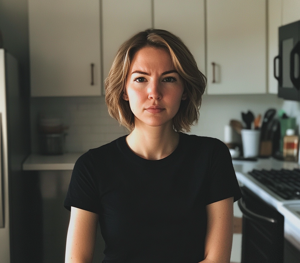 A woman standing at a kitchen counter | Source: Midjourney