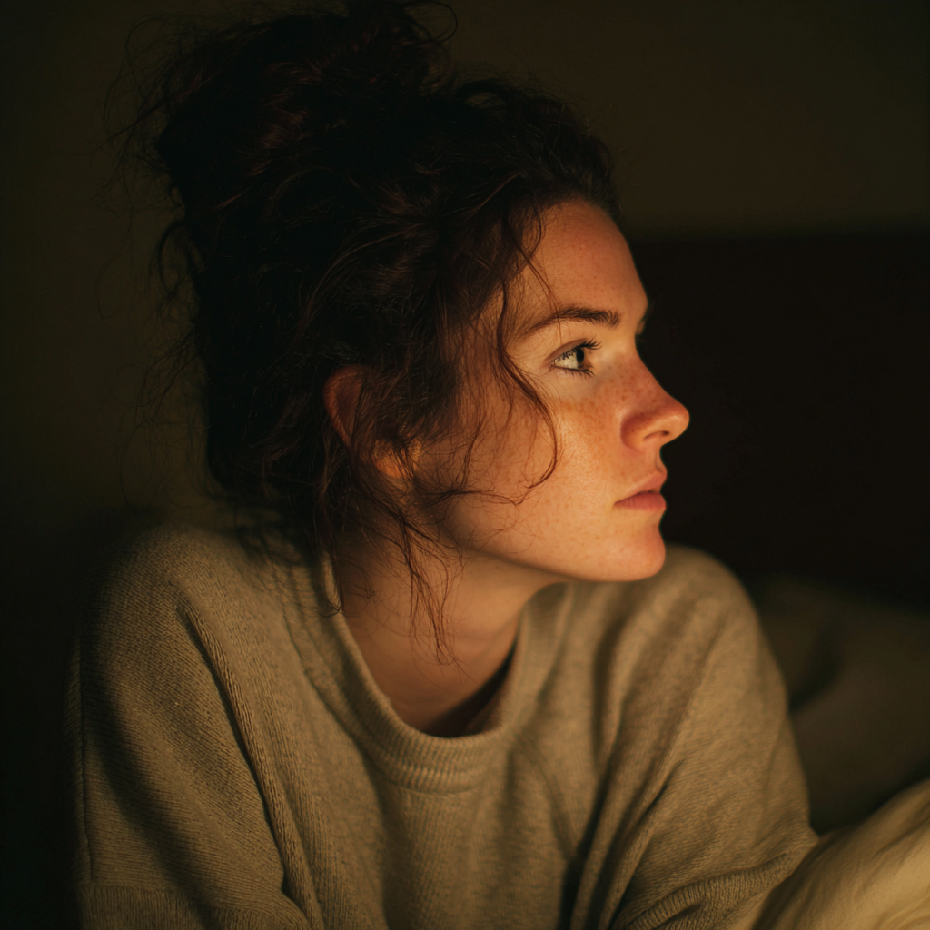 A woman sitting on her bed | Source: Midjourney