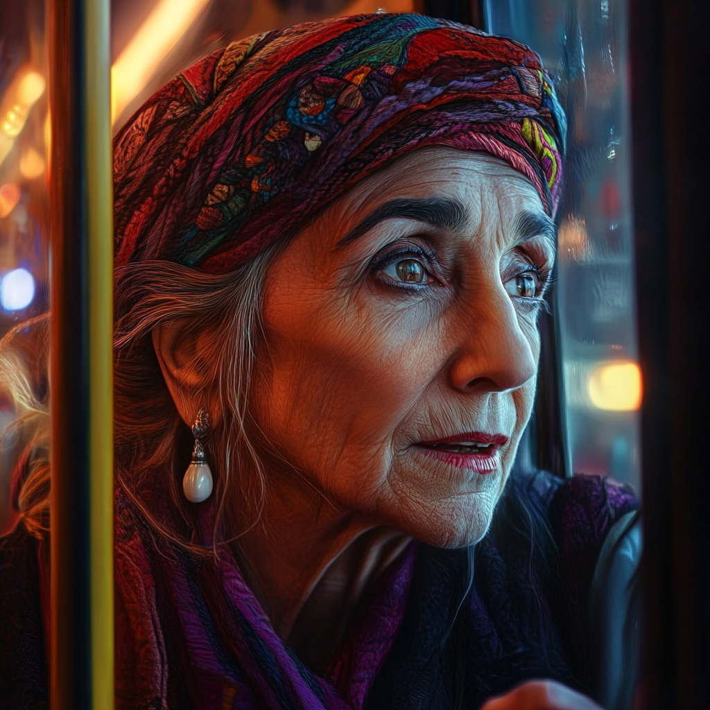 An anxious older lady in the bus | Source: Midjourney