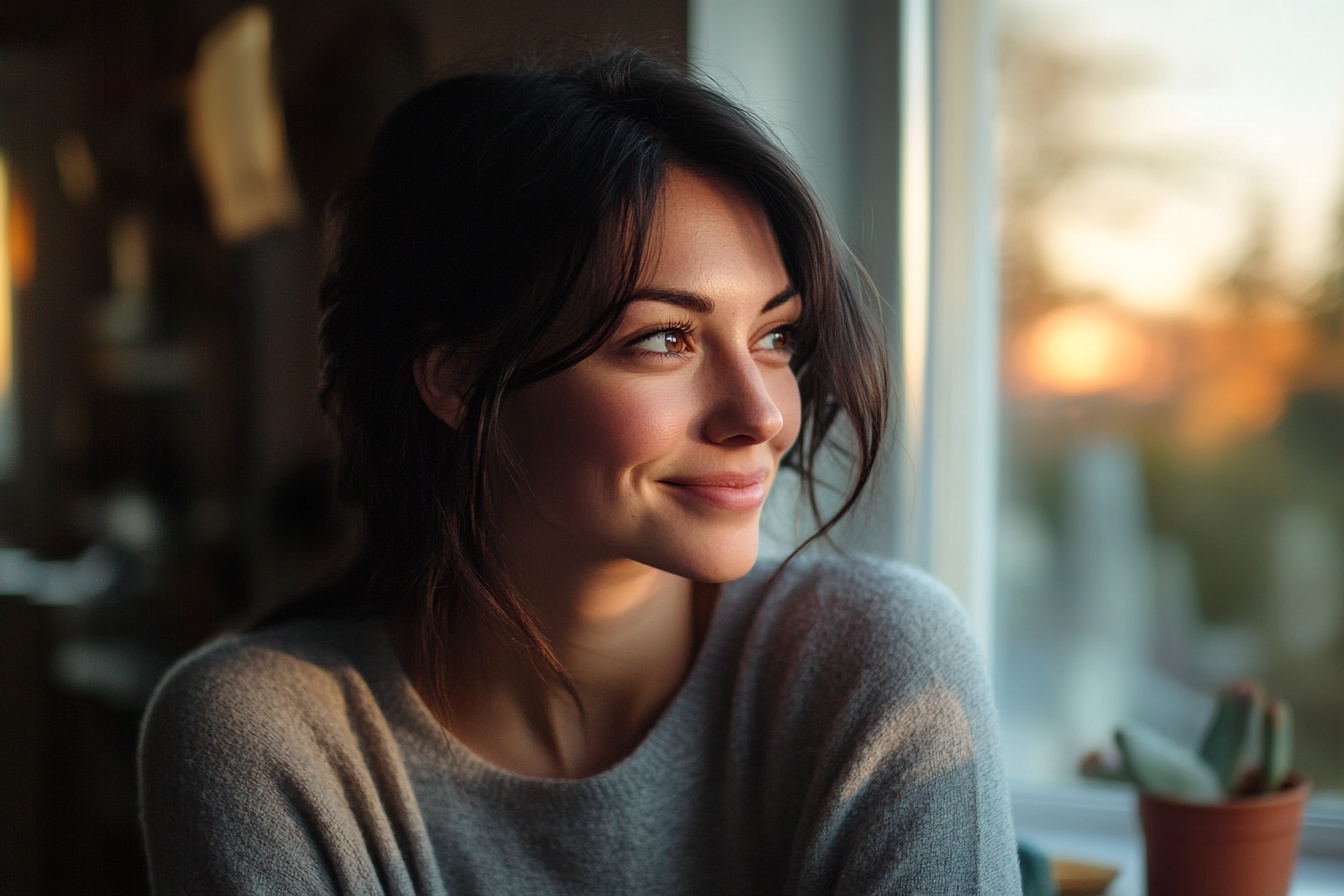 A woman smiling while looking out a window | Source: Midjourney