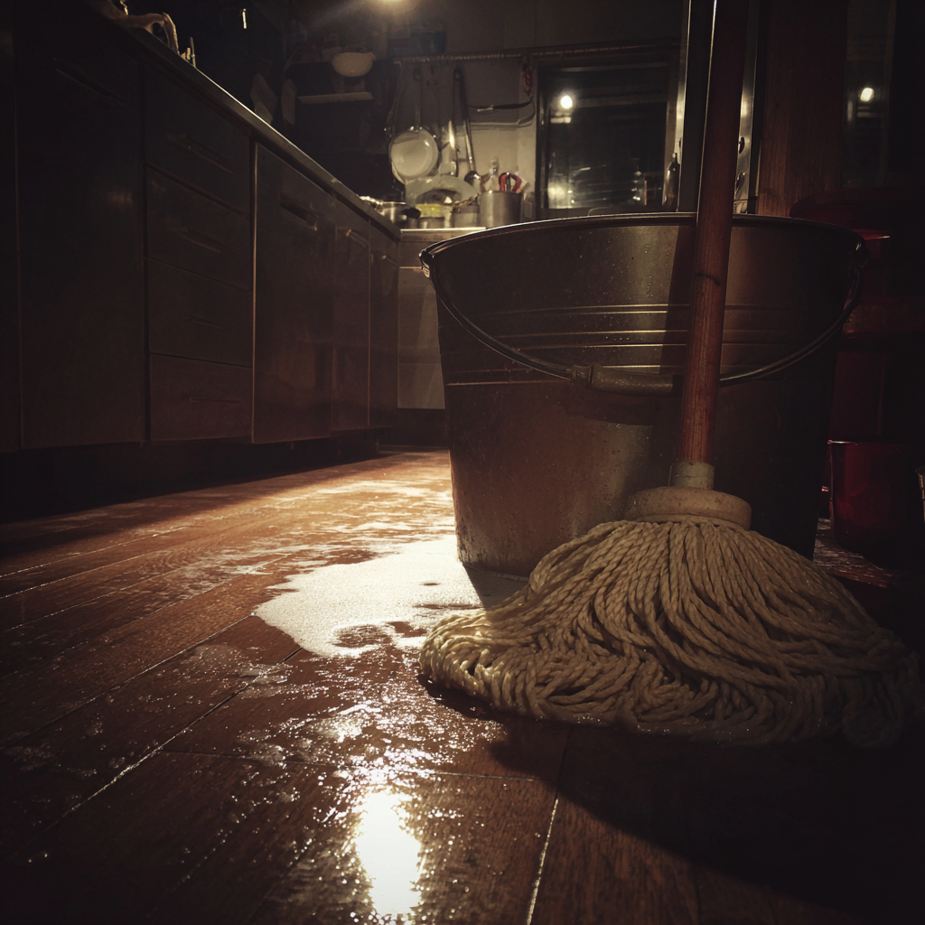 A mop and a bucket of water in a kitchen | Source: Midjourney