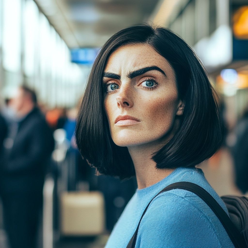 A worried woman in an airport | Source: Midjourney