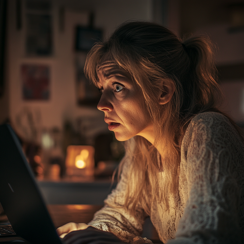 A shocked woman staring at her laptop after making a discovery | Source: Midjourney