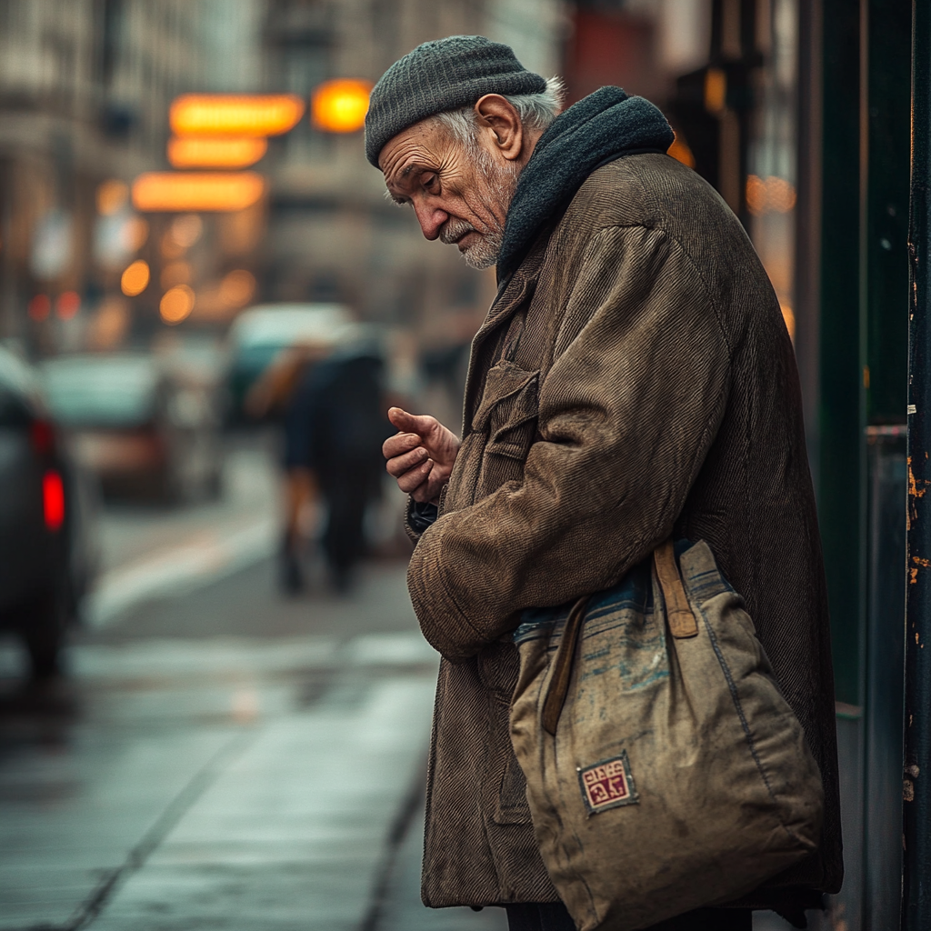 A sad homeless man near a shop | Source: Midjourney