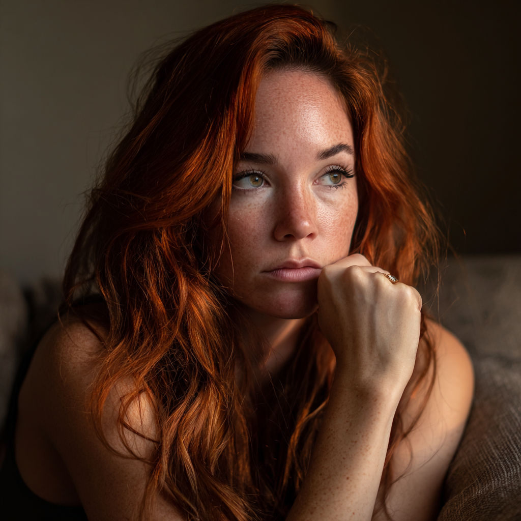A pensive woman sitting on a couch | Source: Midjourney