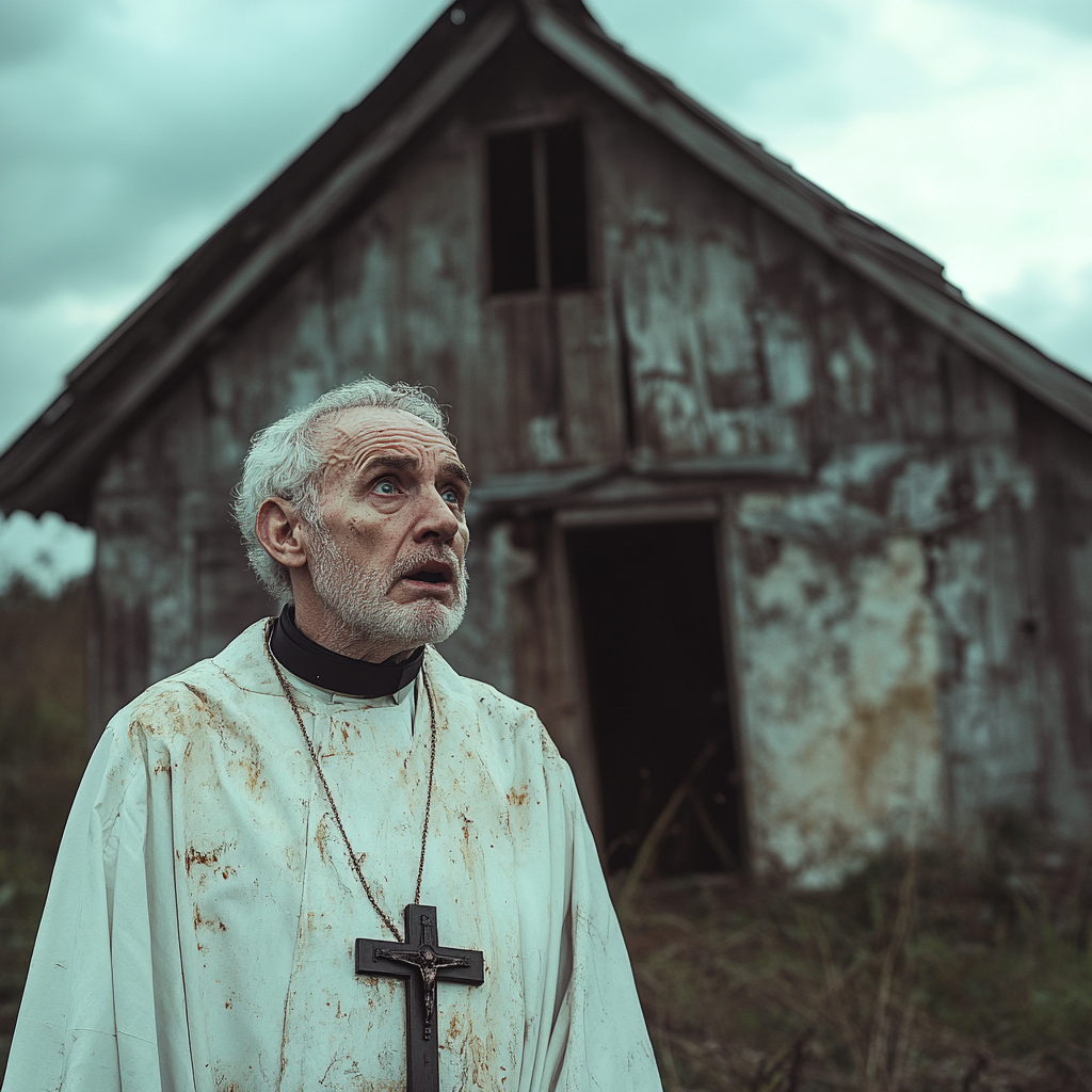 A shocked priest standing in front of a shack | Source: Midjourney