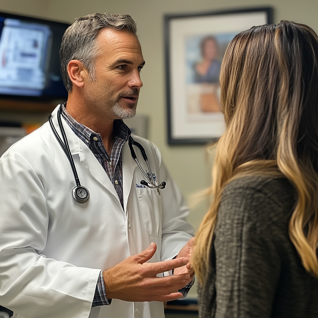 Veterinary doctor talking to his sister in his office | Source: Midjourney