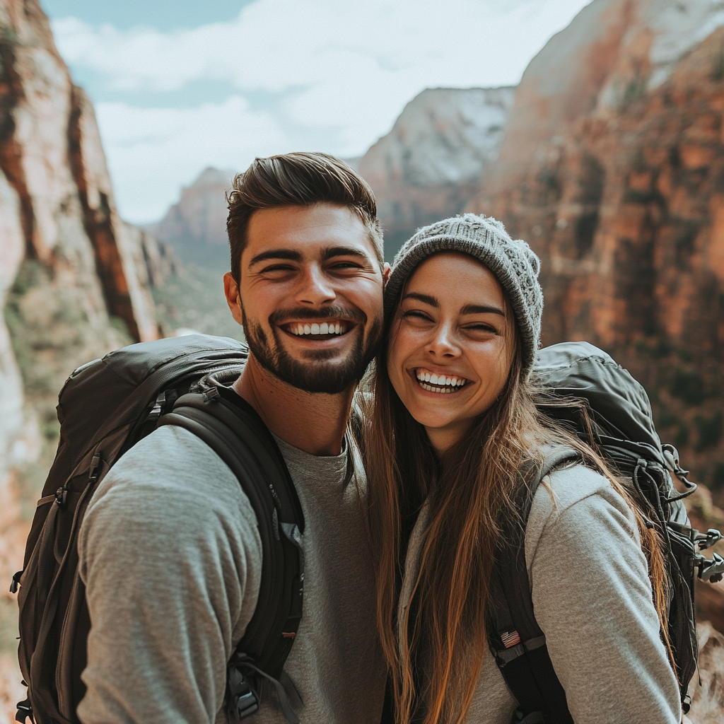 Um casal feliz em uma caminhada | Fonte: Midjourney