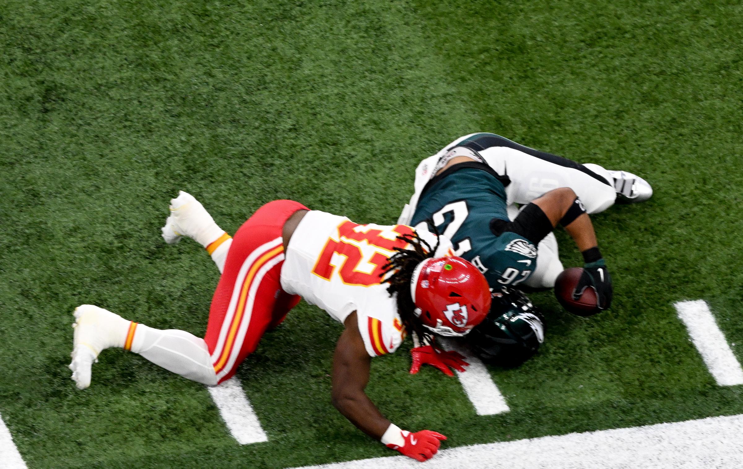 Nick Bolton tackling Saquon Barkley during Super Bowl LIX on February 9, 2025. | Source: Getty Images