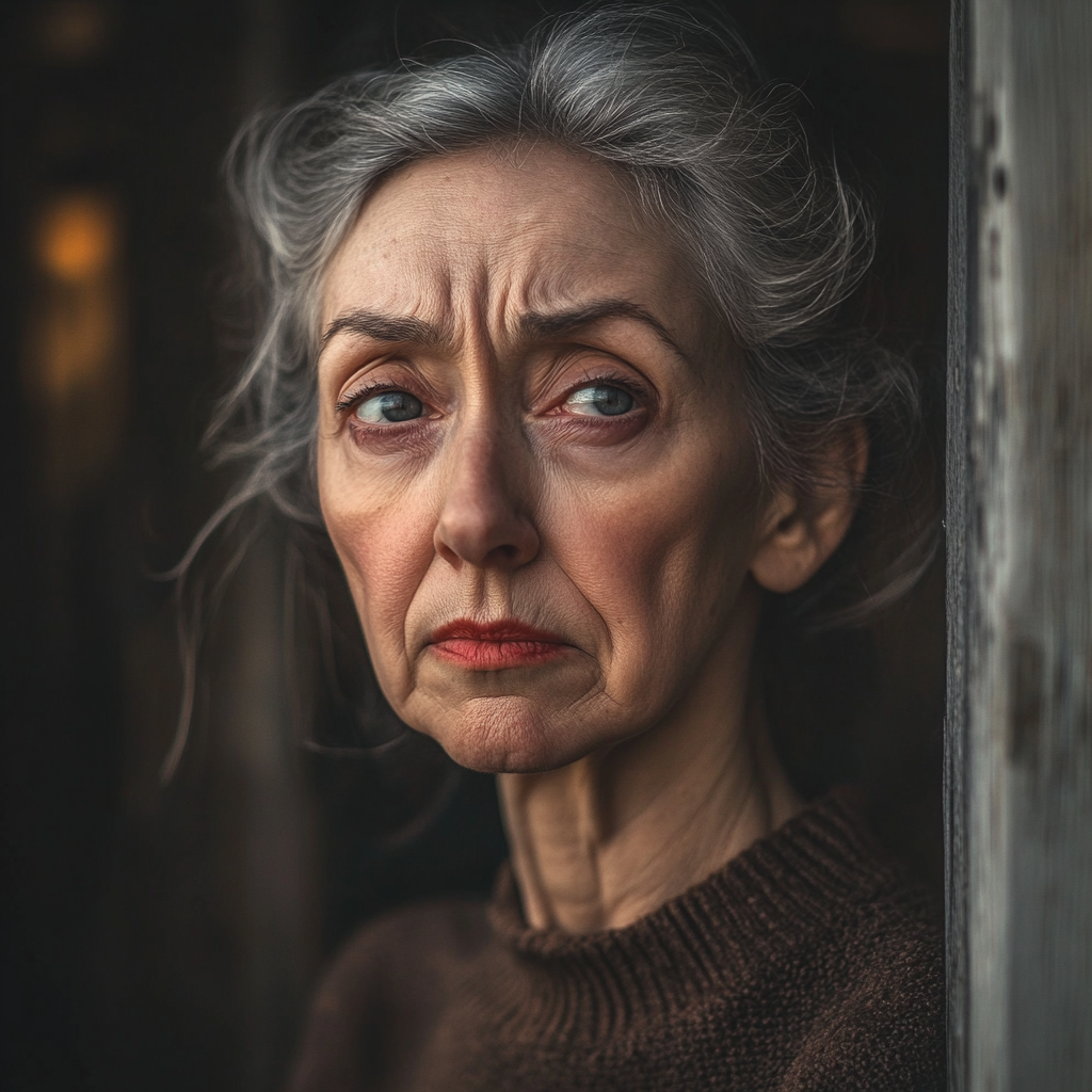 A disheartened older woman looking at someone from her doorway | Source: Midjourney