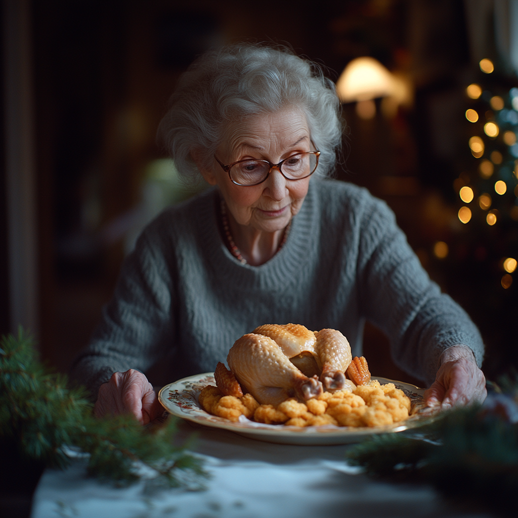 An older woman holding a turkey | Source: Midjourney