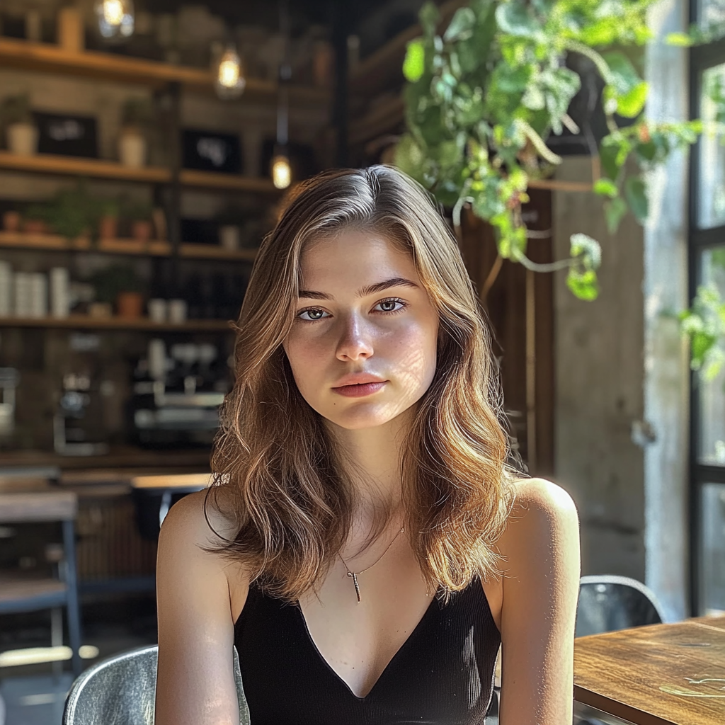 A woman sitting in a coffee shop | Source: Midjourney