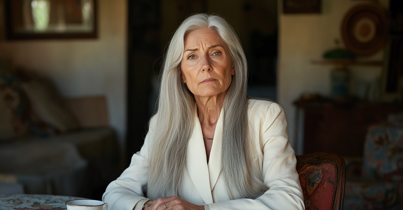 Una mujer mayor con rostro impasible sentada a la mesa del comedor | Fuente: Midjourney