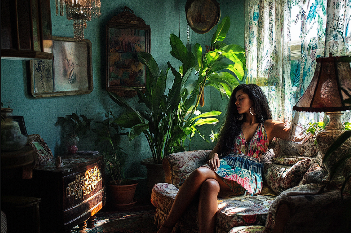 A thoughtful woman relaxing in a living room | Source: Midjourney