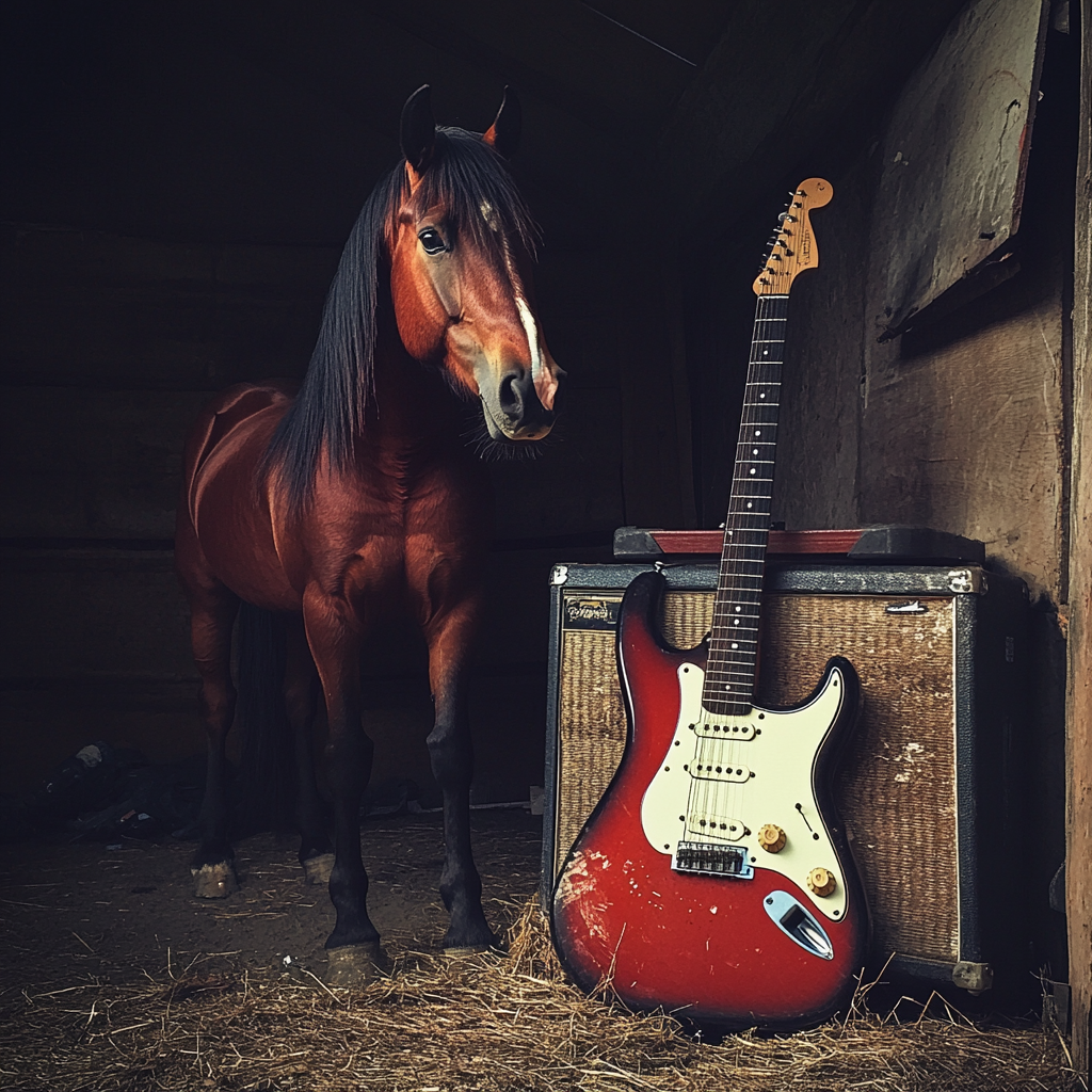 A horse standing next to a guitar | Source: Midjourney