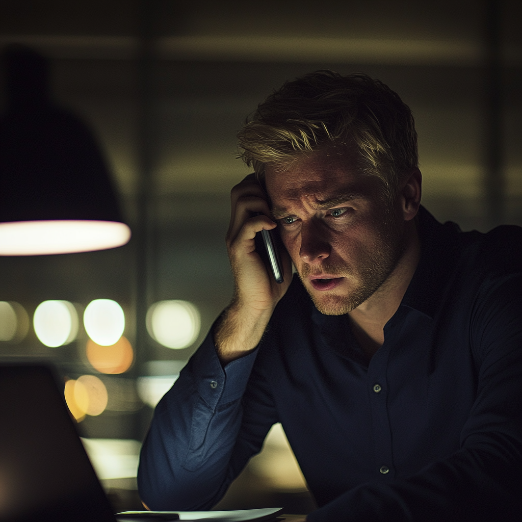 A man talking on the phone and frowning | Source: Midjourney