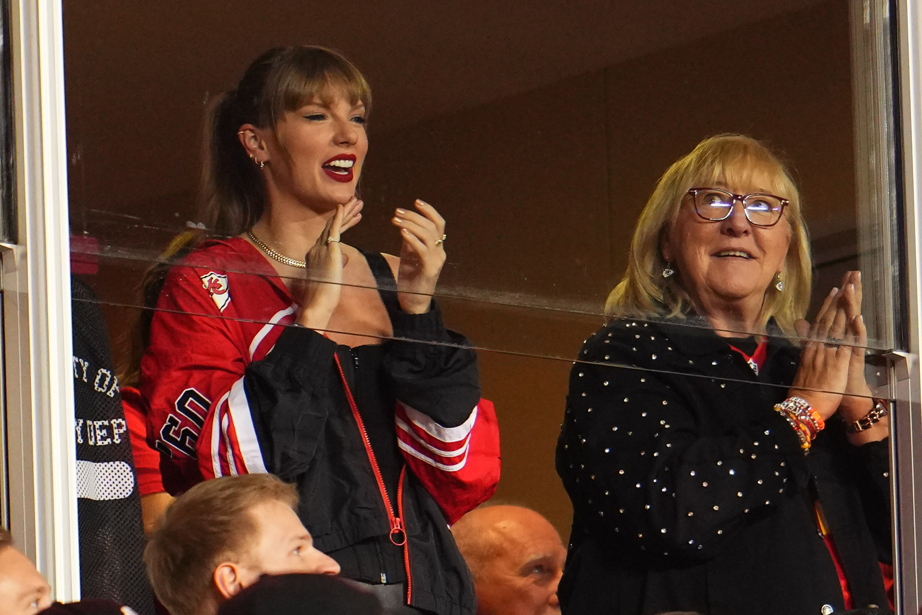 : Taylor Swift and Donna Kelce watches the Kansas City Chiefs play the Denver Broncos at GEHA Field at Arrowhead Stadium on October 12, 2023, in Kansas City, Missouri. | Source: Getty Images