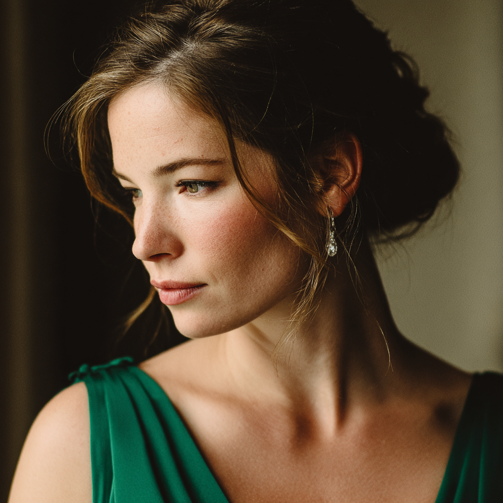 A pensive woman wearing a green dress | Source: Midjourney