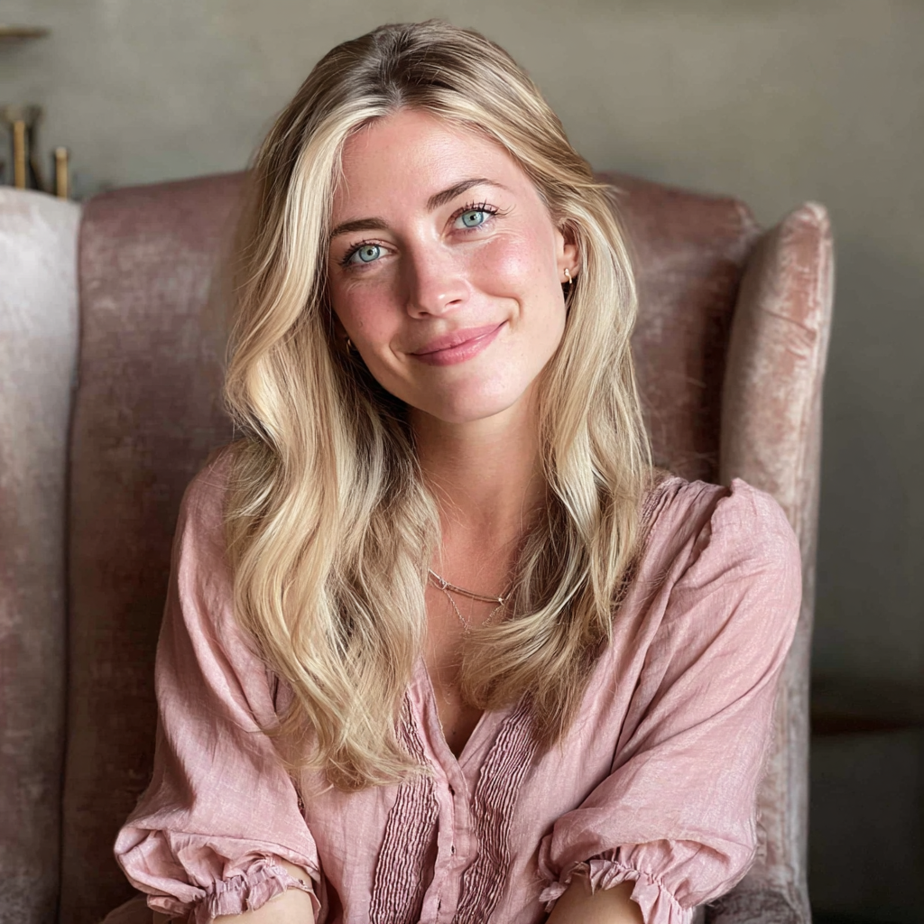 A smiling woman sitting on an armchair | Source: Midjourney