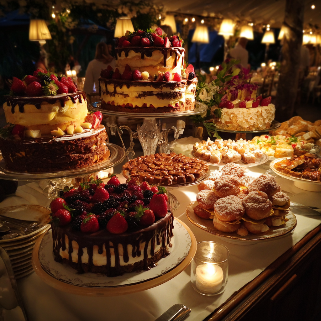 A dessert table at a wedding reception | Source: Midjourney