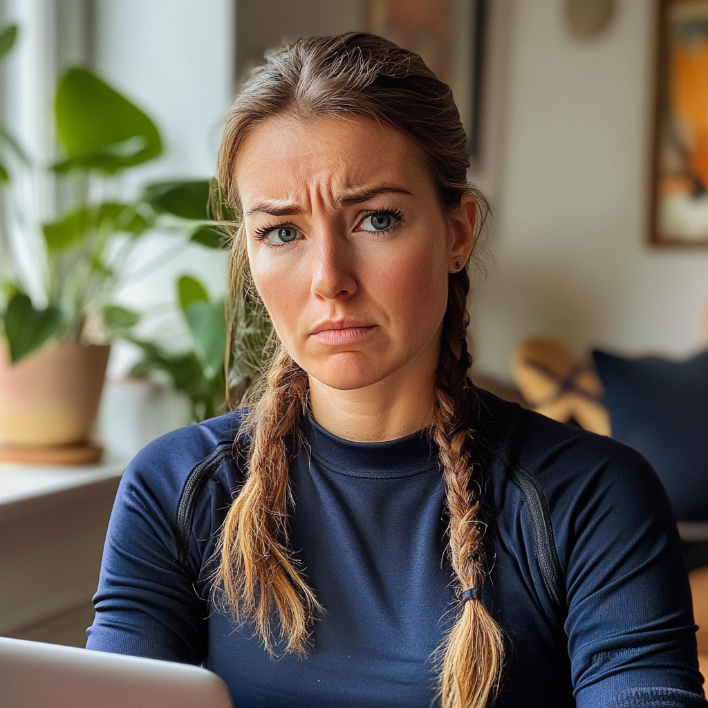 An upset woman sitting with a laptop | Source: Midjourney