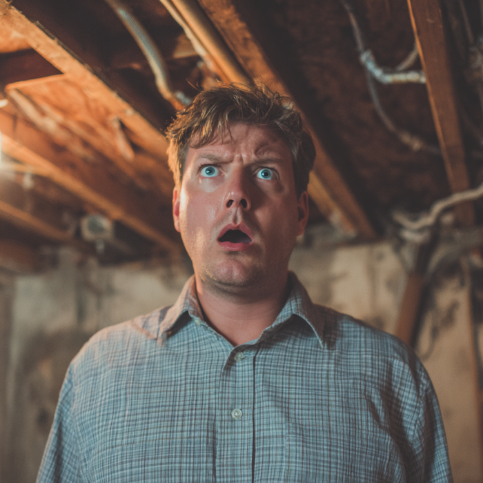 A shocked man standing in the basement of a house | Source: Midjourney