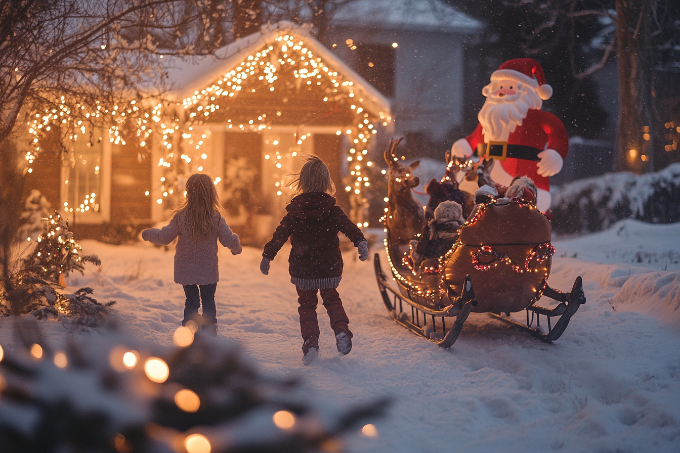 Kids running in a snowy yard with Christmas decorations | Source: Midjourney