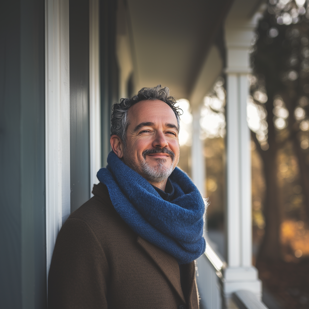 A smiling man standing on his porch | Source: Midjourney